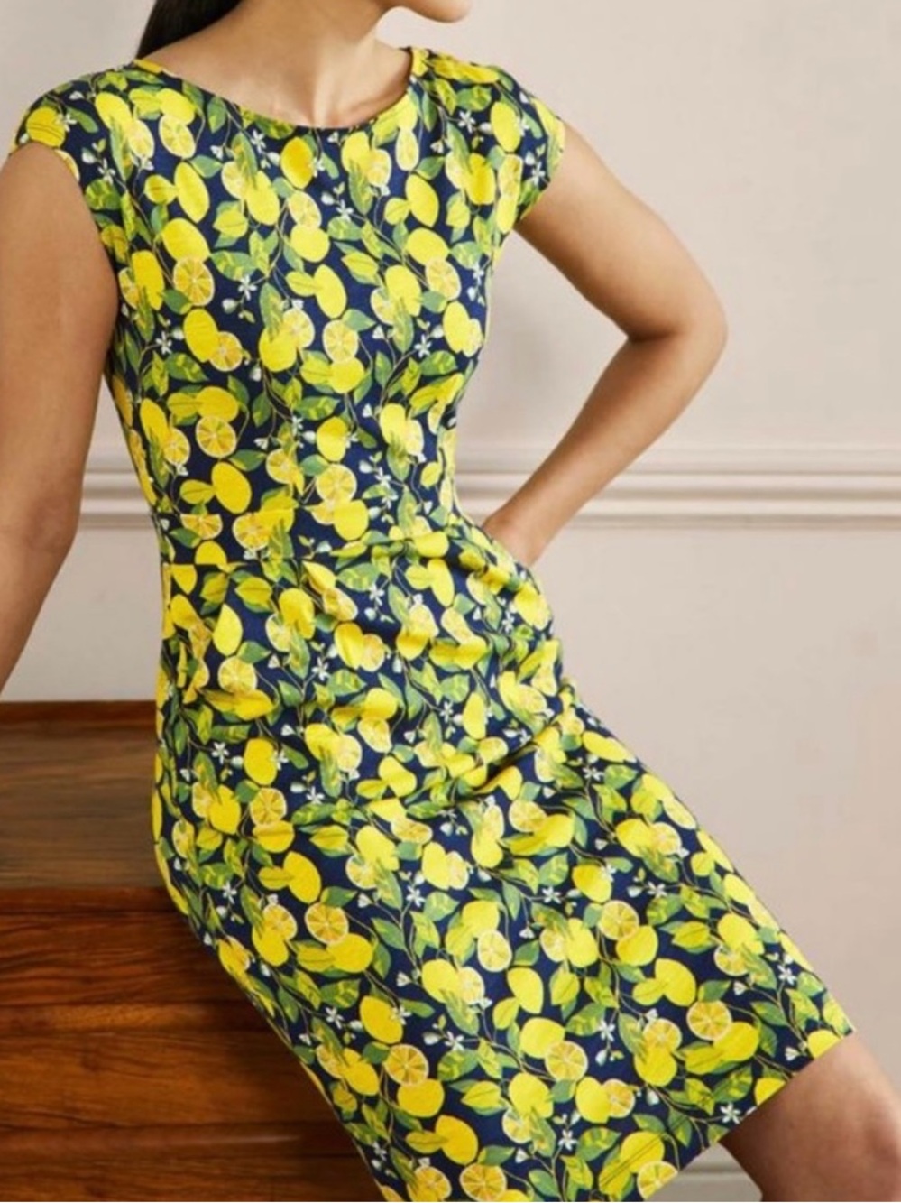 Boden Navy Lemon Print Cotton Fit & Flare Dress US 10R UK 14R Pockets